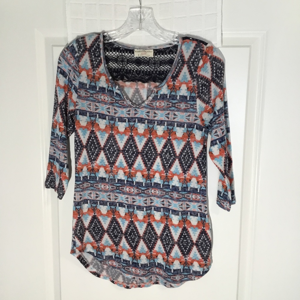 Bobbie Brooks Ladies V-Neck Top Blue/ Rusty Orange/ Baby Blue Size S